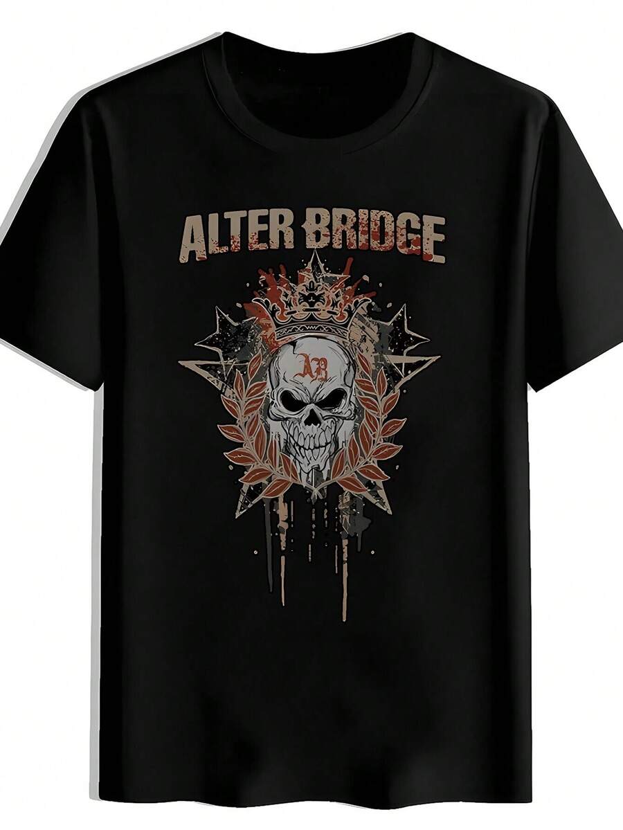 Camiseta de Hombre con Logo y Letras de la Banda Alter Bridge - Estampado Retro de Calavera Icónica y Letras AB, Camiseta de Manga Corta de Corte Holgado, Adecuada para Fanáticos del Rock, Regalo de Mercancía de Conciertos, Logo AB Lavable a Máquina para Atuendo Casual (Negro). Una camiseta de manga corta adecuada para el hogar, uso diario, fiestas y viajes, perfecta como regalo para amigos o familiares. - Negro - Ver 1