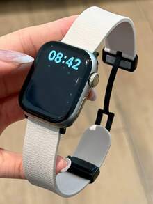 高級時尚荔枝紋磁吸TPU錶帶，適用於Apple Watch Series 42mm 46mm 49mm 41mm 45mm 42mm 40mm 44mm S11 S10 S9 S8 SE 7 6 5 4 3 2 1，男女通用純色可調節錶帶 - 米色 - 查看 2