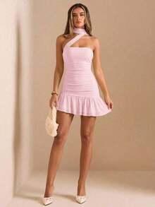 Vestido mini con volantes en el bajo, color amarillo sólido - Rosa coral - Ver 4