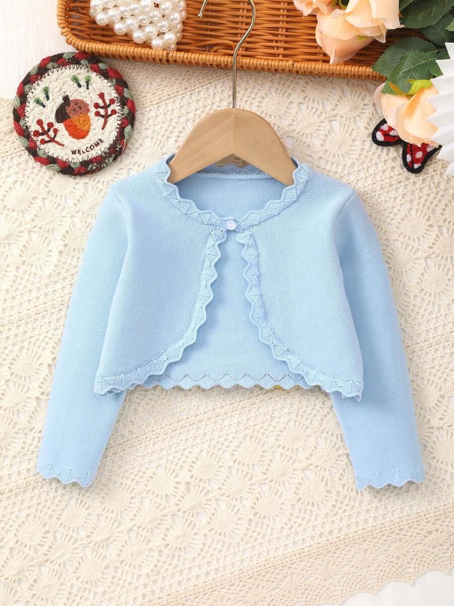 Baby Girls' Elegant Sweet Solid Color Knitted Shawl, Lace Design For More Tenderness, Suitable For Daily Wear, Outings Or Eid Al-Adha Gift - Baby Blue - View 1