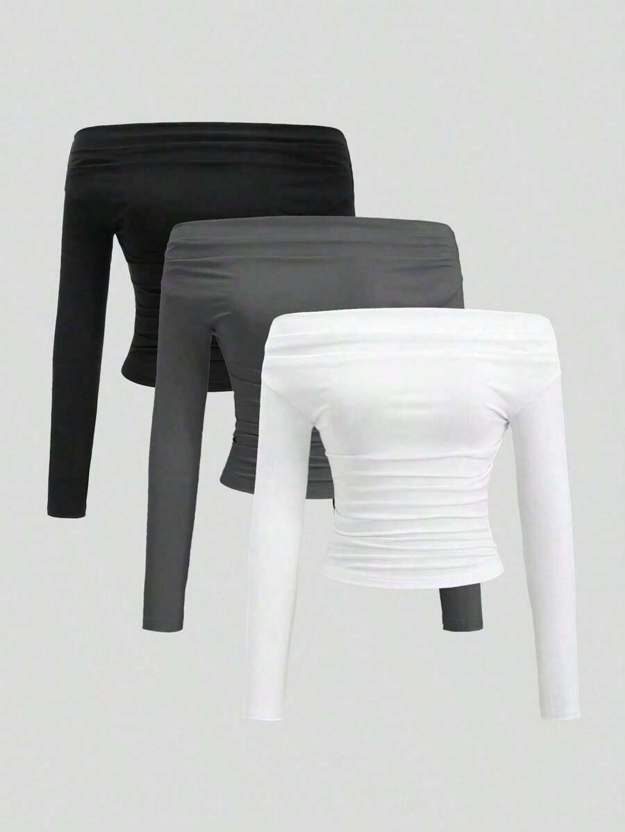 Conjunto de 3 piezas para mujer: Blusa de manga larga hombros descubiertos, blusas cortas entalladas, cómodas y amigables con la piel, versátil y estilizador - Multicolor 5 - Ver 1