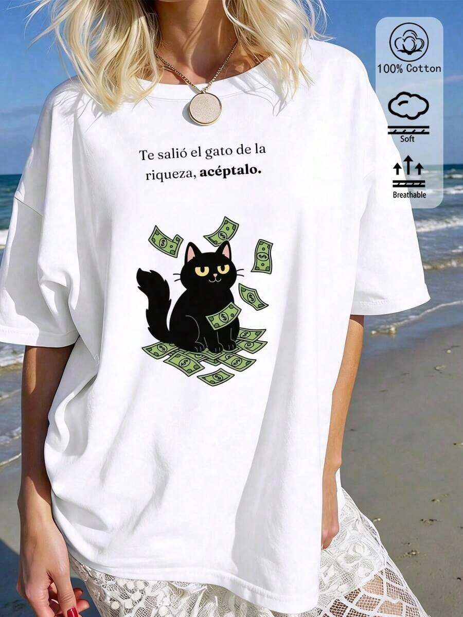 Camiseta para Mujer con Estampado de Gato de la Suerte, Cuello Redondo, Manga Corta, Diseño Casual - Negro - Ver 1