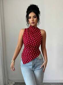 Camiseta de tirantes ajustada con dobladillo asimétrico a lunares rojos, top elegante blanco para mujer, tops elegantes a lunares blancos y negros, de tops para mujer, tops elegantes para mujer, tops casuales para mujer, últimos tops para mujer, nuevos lanzamientos - Rojo - Ver 5