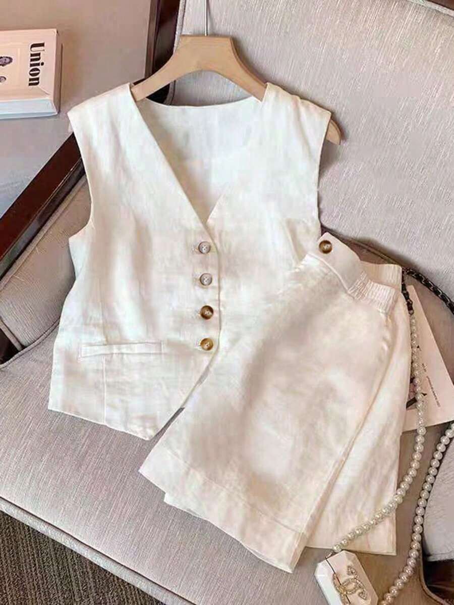 2 piezas Conjunto casual de mujer con chaleco de un solo abotonado y pantalones cortos de unicolor - Albaricoque - Ver 1