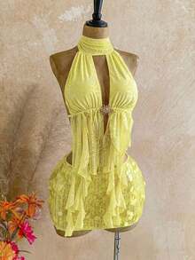 Blusa de mujer con encaje bordado, escote halter, espalda descubierta, tirantes con lazo, bajo fluido y elegante, adecuada para la playa, cruceros y resorts - Amarillo - Ver 5