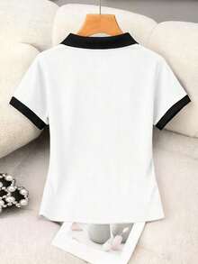 Blusa casual de mujer con cuello polo a rayas y manga corta - Blanco y Negro 4 - Ver 2