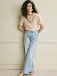 Camisa azul de mujer con cuello con volantes, mangas de pétalos y textura de tela suave, estilo francés casual de vacaciones, primavera/verano - Caqui - Ver 5