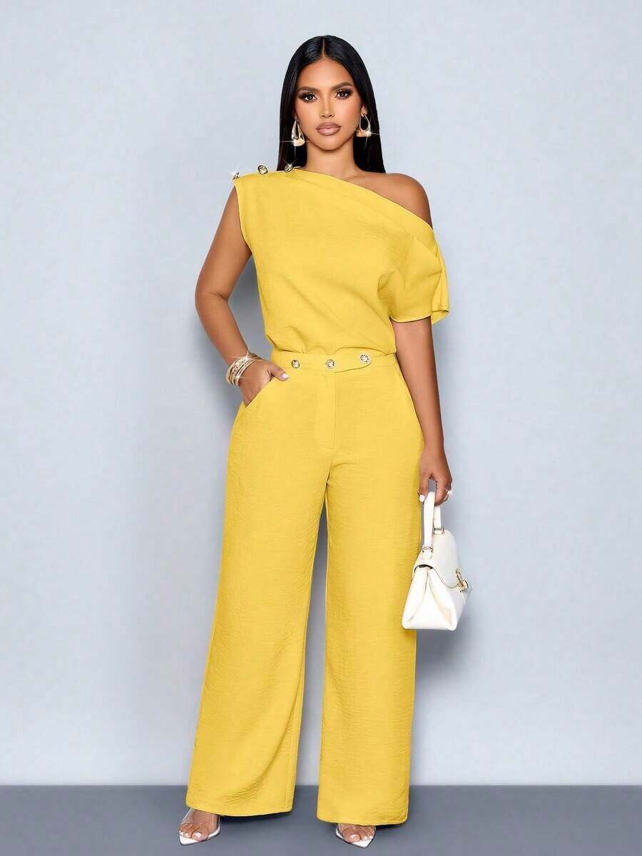 Blusa elegante de un solo hombro con botones metálicos, sin mangas, de unicolor, para uso en la oficina, citas, eventos y uso diario modesto - Amarillo - Ver 1