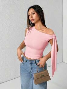 Top de hombro asimétrico con tirantes de atar de unicolor para mujer - Rosa - Ver 8