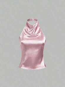 Camiseta sin espalda de unicolor y escote halter para mujer - Rosa - Ver 7
