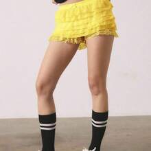 Summer Balletcore Sweet Bow Kawaii Mesh Contrast Lace Ruffle Trim Low Waist Yellow Mini Shorts - Amarillo - Ver 4
