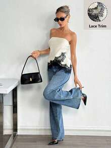Top bandeau con encaje satinado mate - Albaricoque - Ver 1