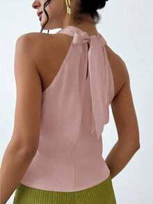 1 pieza Blusa de mujer con cuello de lazo en color albaricoque, minimalista y elegante, top sin mangas - Rosa - Ver 2