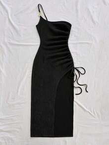 Vestido de mujer con textura de gofre tejido, diseño ajustado con abertura y cordón, adecuado para fiesta, cita, sexy, té de la tarde, playa, verano, festival de música, temporada de bodas - Negro - Ver 5