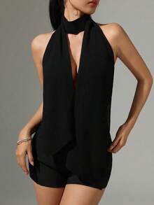 Top corto con cuello halter y espalda hueca de unicolor y estilo sexy - Negro - Ver 4