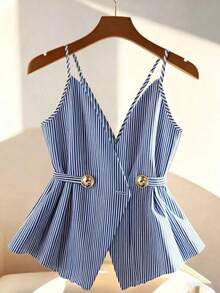 Camiseta sin tirantes casual de mujer con decoración de botones a rayas - Azul - Ver 4