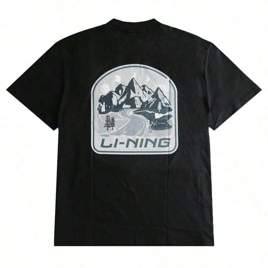 Mountain Print Series Unisex Short-Sleeved T-Shirt, With Embroidered Logo On The Chest, Casual Style, Ideal For Going To Work Or Playing Sports (ATSV905). - 黑色 - 查看 1