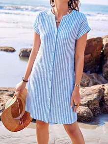 Vestido camisero de verano para mujer, de manga corta, cuello en V y rayas, hasta la rodilla, vestidos de verano para mujer, vacaciones - Celeste - Ver 7