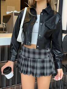 Chaqueta de PU con botones, bolsillo con solapa y hombros caídos para otoño/invierno - Negro - Ver 1