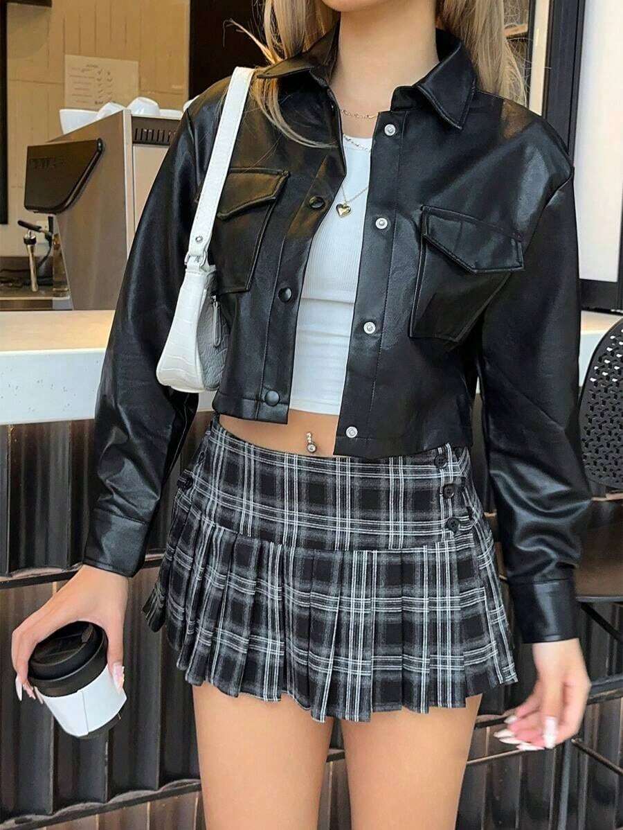 Chaqueta de PU con botones, bolsillo con solapa y hombros caídos para otoño/invierno - Negro - Ver 1