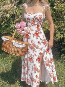 Vestido con abertura y lazo floral - Blanco - Ver 3