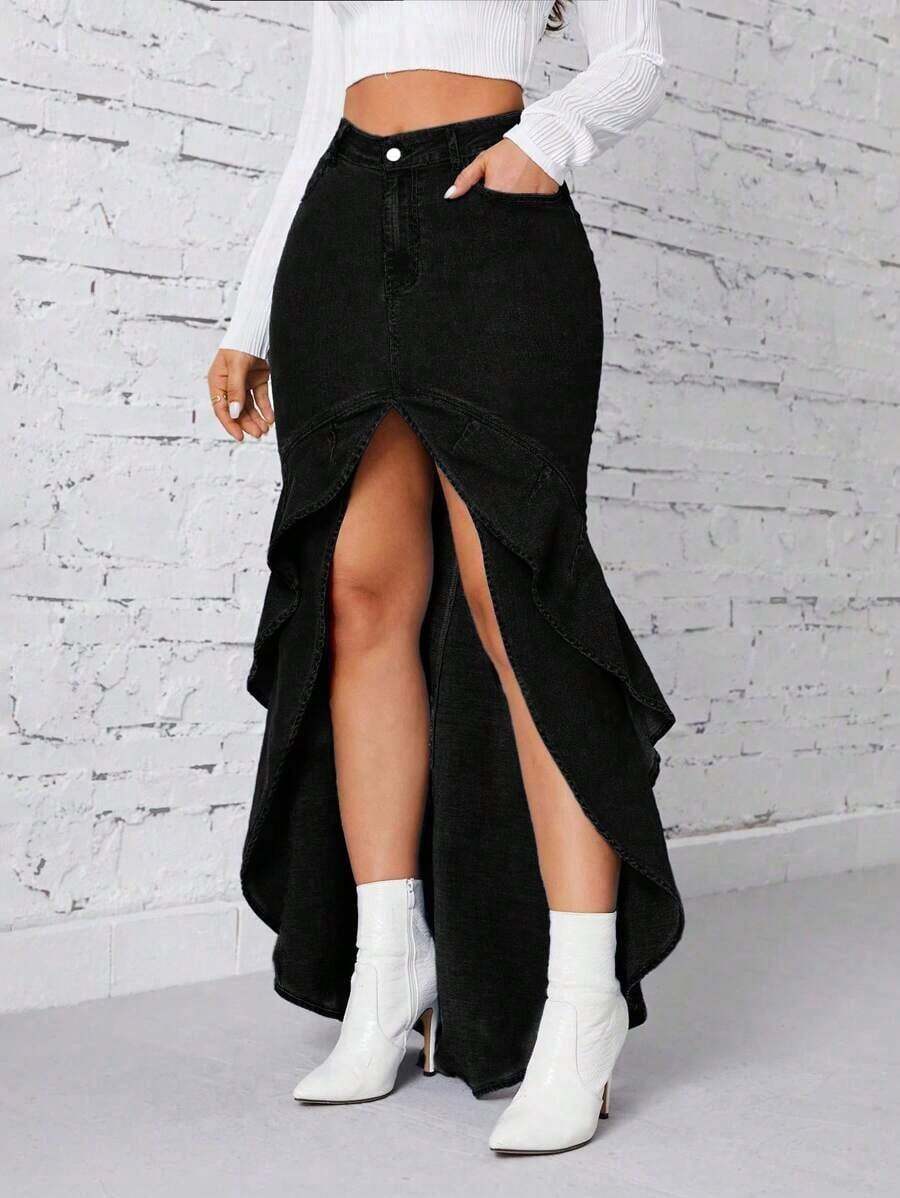 Falda vaquera con abertura alta y volantes de moda - Negro - Ver 1