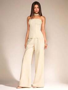 2 piezas/set de Top tipo hálter de verano y pantalones de pierna ancha para mujer, ropa de oficina/trabajo de estilo Mermaid, Backte y uso diario casual para ropa diaria de otoño para mujeres de vuelta a la escuela - Albaricoque - Ver 9