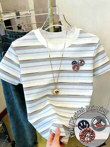 Camiseta de manga corta de mujer con cuello redondo, estampado de lunares, de uso casual y versátil para uso diario - Multicolor 5 - Ver 1
