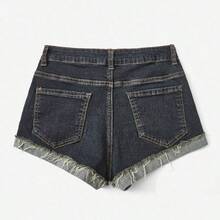 Grunge Punk Solid Raw Hem Low Waist Denim Shorts, School - Negro - Ver 3