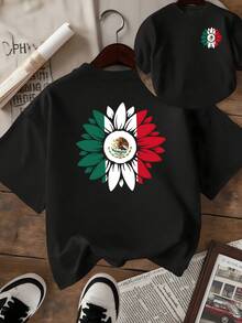 Flor con pétalos en colores de la bandera mexicana rodeando el escudo nacional que simboliza fuerza libertad y orgullo patriótico camiseta de mujer con estampado doble lado casual y cómoda - Negro - Ver 1