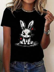 Camiseta de Mujer 100% Algodón con Diseño de Conejo, Regalo para Mujer, Suave, Elástica, Transpirable, para Verano, Otoño, Pascua, Todas las Temporadas, Ropa Casual y Deportiva - Negro - Ver 1