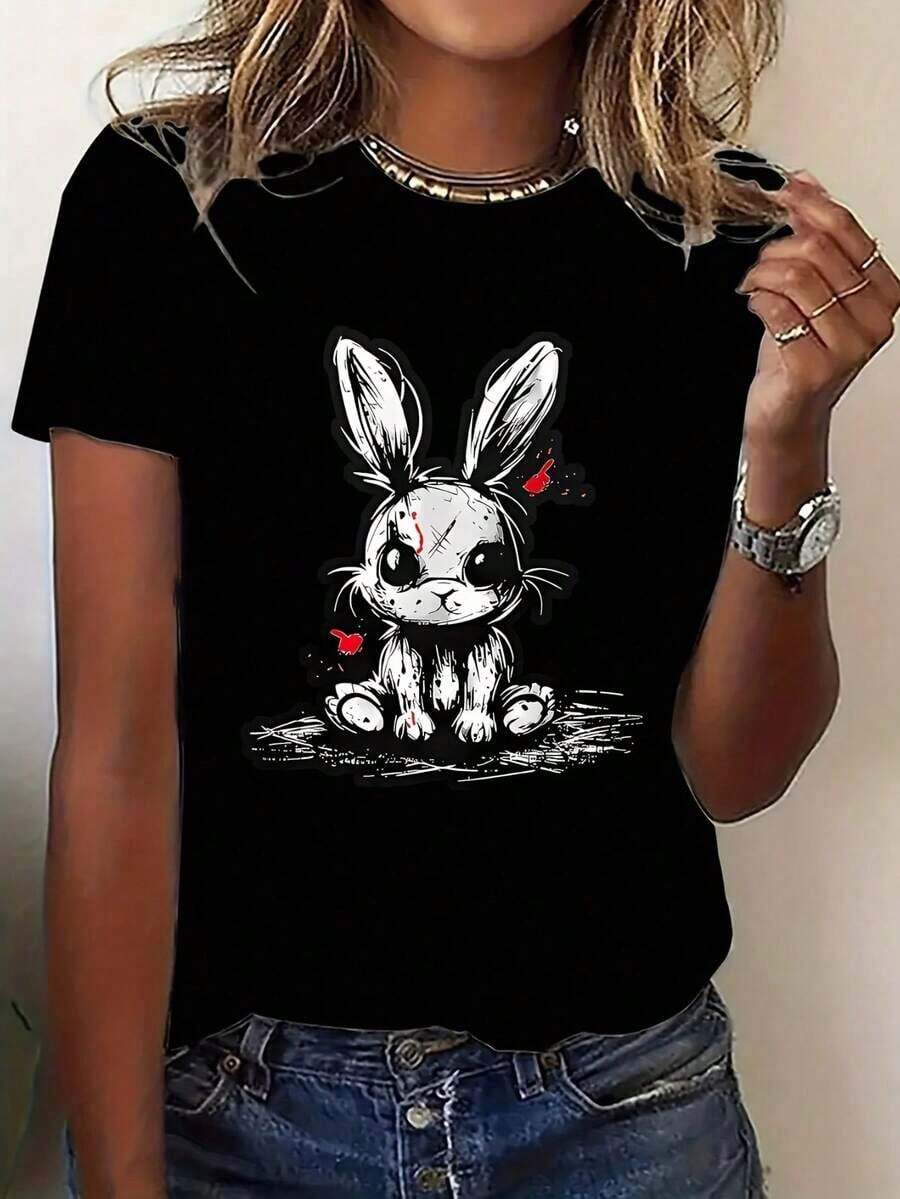 Camiseta de Mujer 100% Algodón con Diseño de Conejo, Regalo para Mujer, Suave, Elástica, Transpirable, para Verano, Otoño, Pascua, Todas las Temporadas, Ropa Casual y Deportiva - Negro - Ver 1