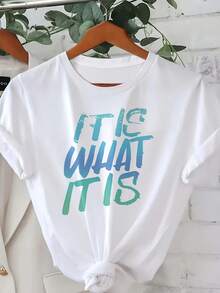 Women's Plus Size Summer Casual T-Shirt, Women's Round Neck Casual T-Shirt, Short Sleeve Top With "It Is What It Is" Letter Print, Spring/Summer Style, Stylish And Fashionable T-Shirt. - 白色 - 查看 7