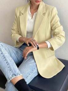 1 pieza Chaqueta ligera de mujer con diseño de solapa y bolsillo casual y holgada, adecuada para primavera y verano - Amarillo - Ver 3