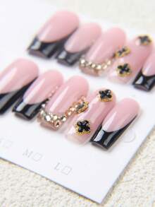 10pcs Medium Square Handmade Nail Stickers, Chic French Style With Black Clover Pendant And Crystal Chain Decor, Nude Pink Full Coverage False Nails, Suitable For Daily Wear, Dates, Parties, For Women And Girls - Black - View 5