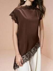 Camisa de mujer  en color caqui, de tela popelín, con parche de encaje de unicolor elegante y bajo asimétrico, elegante para citas, atuendos de verano para mujeres, blusas de verano - Marrón - Ver 5
