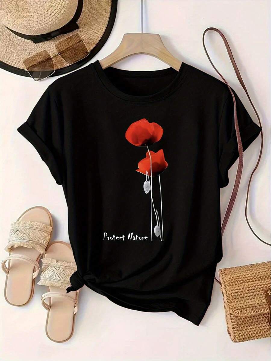 Camiseta de manga corta con cuello redondo y estampado floral de moda europea y americana para mujer - Negro - Ver 1