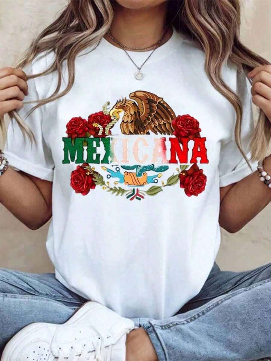 Camiseta Mexicana con Diseño de Águila y Rosas, Diseño de Bandera Mexicana, Top Casual para Mujer, Ropa para Celebración del Día de la Independencia, Adecuada para Deportes, Uso Diario y Fiestas - Blanco - Ver 1