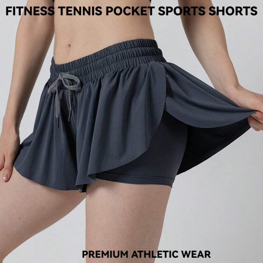 Women's Flowy Athletic Shorts With Pockets – High Waisted Butterfly Tennis Shorts With Built-In Biker Spandex Liner For Gym, Yoga, Running & Summer Workout Activewear - Xám - Xem 1