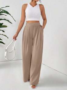 Pantalones holgados básicos casuales de cintura alta de unicolor, plisados y de pierna ancha para mujer - Albaricoque - Ver 1