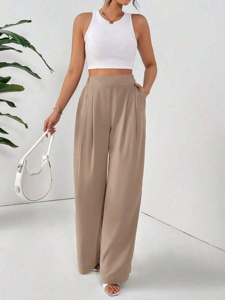 Pantalones holgados básicos casuales de cintura alta de unicolor, plisados y de pierna ancha para mujer - Albaricoque - Ver 1