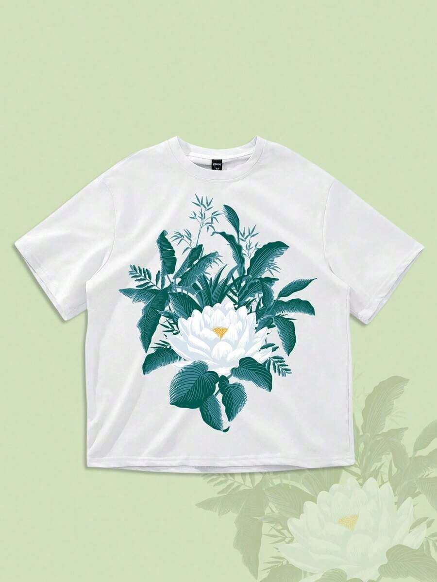 ROMWE MEN La Camiseta Deportiva Casual para Hombre "White Lotus", Diseño de Loto Blanco, Estilo Minimalista y Sencillo en General - Blanco - Ver 1