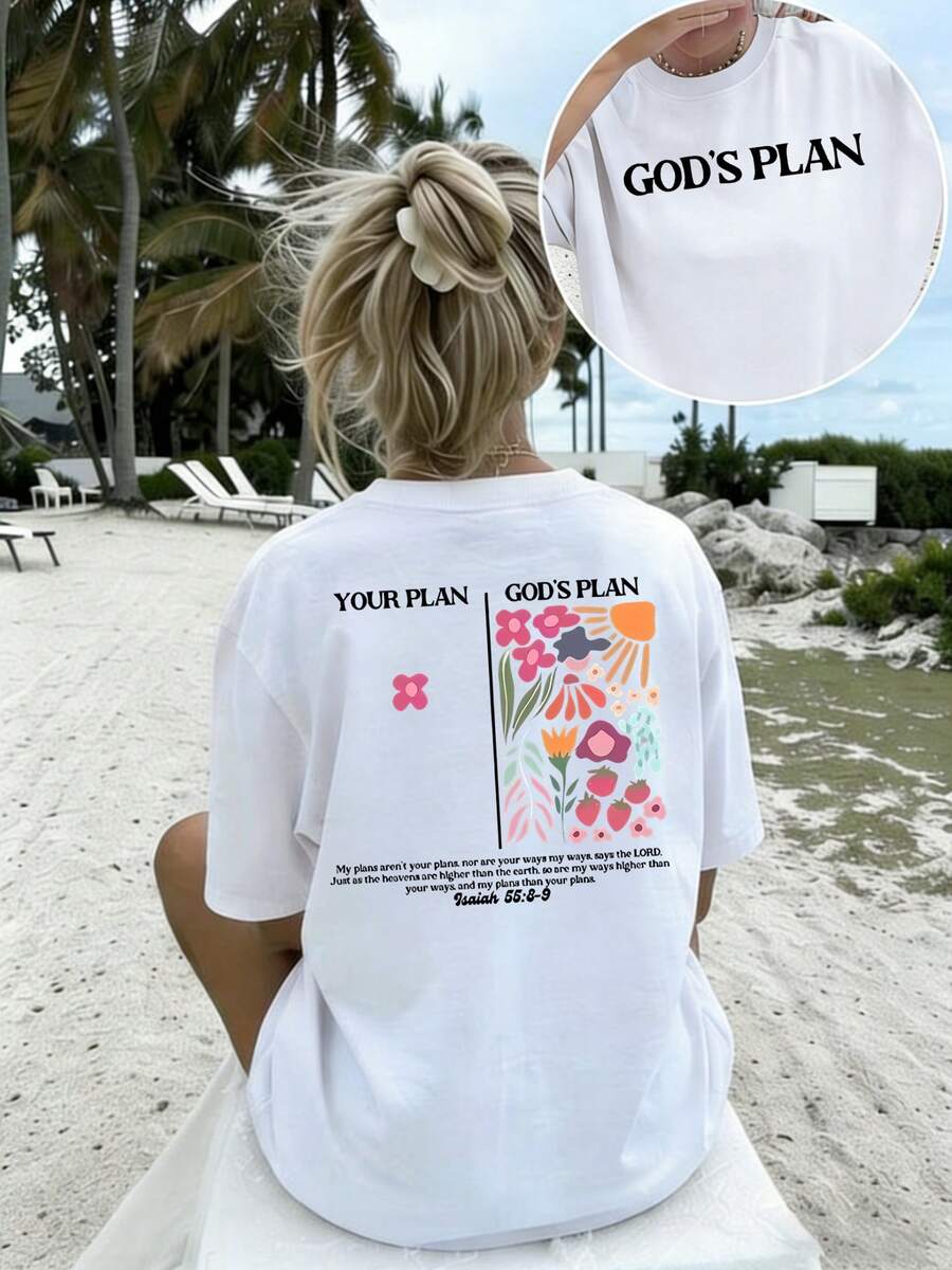 Vintage Women's Round Neck T-Shirt With Double-Sided Print, "God's Plan, Your Plan" (Isaiah 55:8-9), Floral Pattern T-Shirt, Casual Christian Faith Top, Soft And Lightweight Women's T-Shirt, Religious Gift, Breathable And Stylish. - 白色 - 查看 1