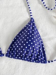 wohenmeili Bộ bikini gợi cảm buộc dây cổ, họa tiết chấm bi, dành cho nữ, thích hợp mặc đi biển mùa hè. - màu xanh hải quân và chấm trắng - Xem 5