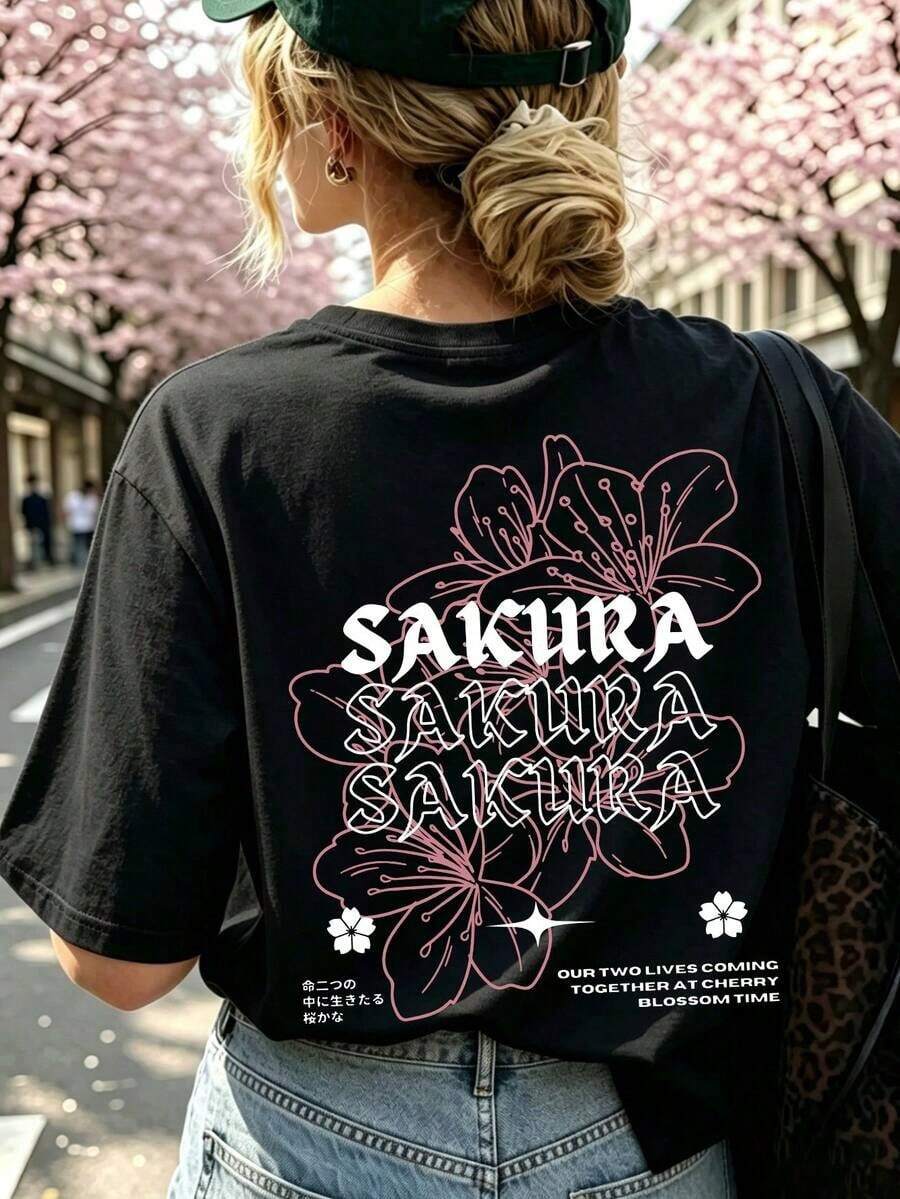 Camiseta de manga corta blanca de cuello redondo con estampado de letra romántica japonesa de flores de cerezo de moda simple y versátil, adecuada para mujeresPure Cotton Short-Sleeve Shirt - Negro - Ver 1