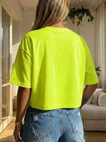 Blusa de mujer de cuello redondo, manga corta, holgada y casual, de estilo minimalista, elegante y sexy Y2K, adecuada para uso diario, oficina, hogar, exterior, primavera/verano - verde fluorescente - Ver 7