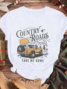 Women's "Country Roads Take Me Home" Graphic T-Shirt, Mountain Sunset Design, Casual Summer Clothing For Outdoor Adventures - 白色 - 查看 3