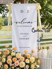 Pancarta de Boda Personalizada - Nombres de Novia & Novio/Fecha/Texto Personalizados - Elegante Pancarta de Tela Estilo Alemán de Bienvenida Adecuada para Interiores & Exteriores, Pancarta de Despedida de Soltera, Decoración de Fondo para Fiesta de Despedida de Soltera, Decoración Minimalista de Entrada de Boda - Multicolor - Ver 4