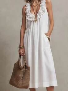 Women's Long Sleeveless Dress, V-Neck, Ruffles, Minimalist And Plain French Style, Ideal For Holidays, New 2026 Collection - 白色 - 查看 4