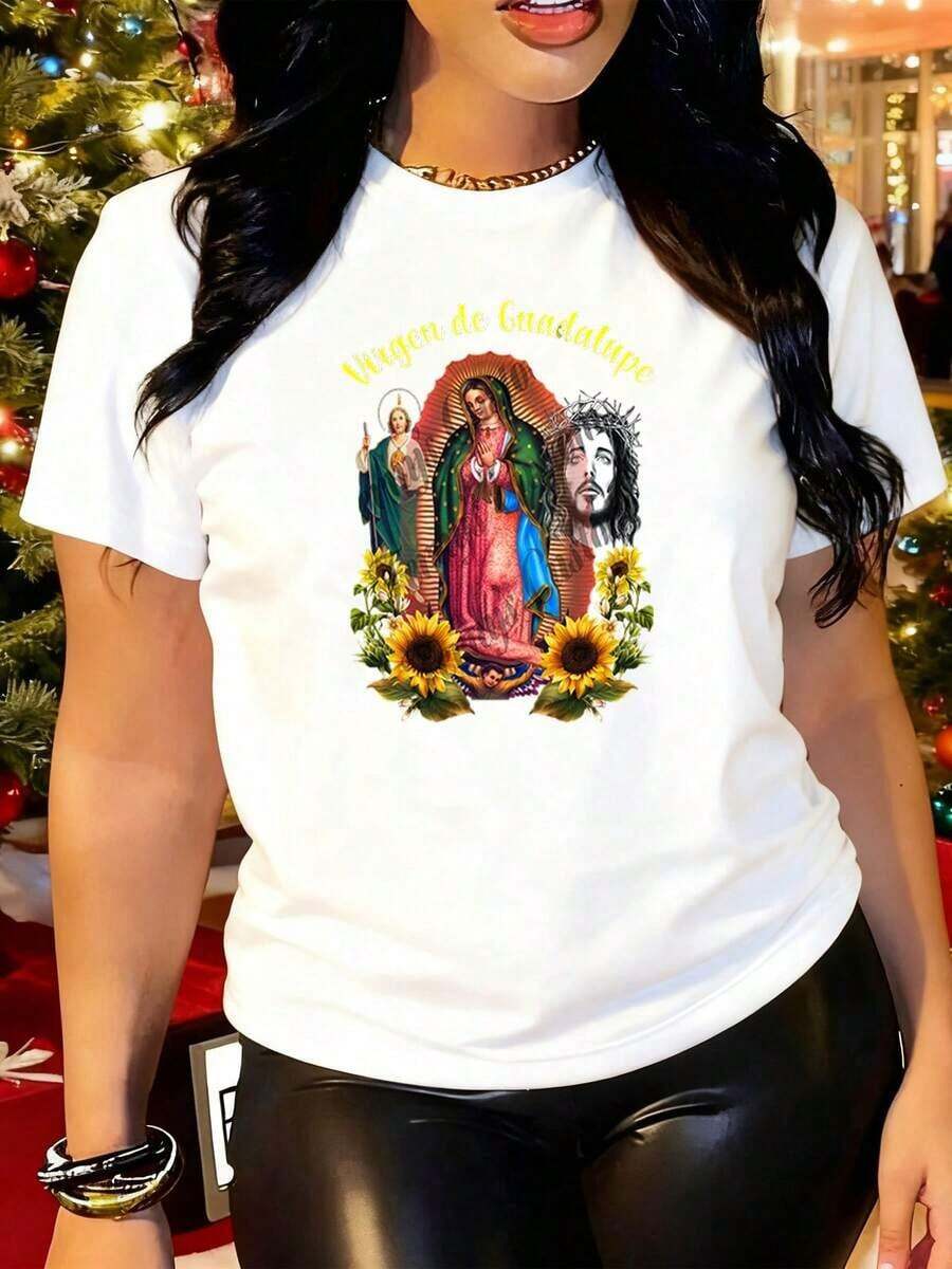 Blusa de Mujer Extra Grande y Extra Grande, 1 pieza, Hermosas Blusas de Mujer, Ropa de Mujer, Conjuntos de Mujer, Camiseta de la Virgen de Guadalupe en Blanco y Negro con Estampado de Girasol, Cuello Redondo de Alta Calidad, Unisex, Holgada, Casual, Diaria, Transpirable, Lavable a Máquina, Tallas Cómodas desde S a XXL, Adecuada para Uso Diario, Deportes Casuales y Todas las Estaciones, Esenciales para Navidad y Halloween, - Blanco - Ver 1
